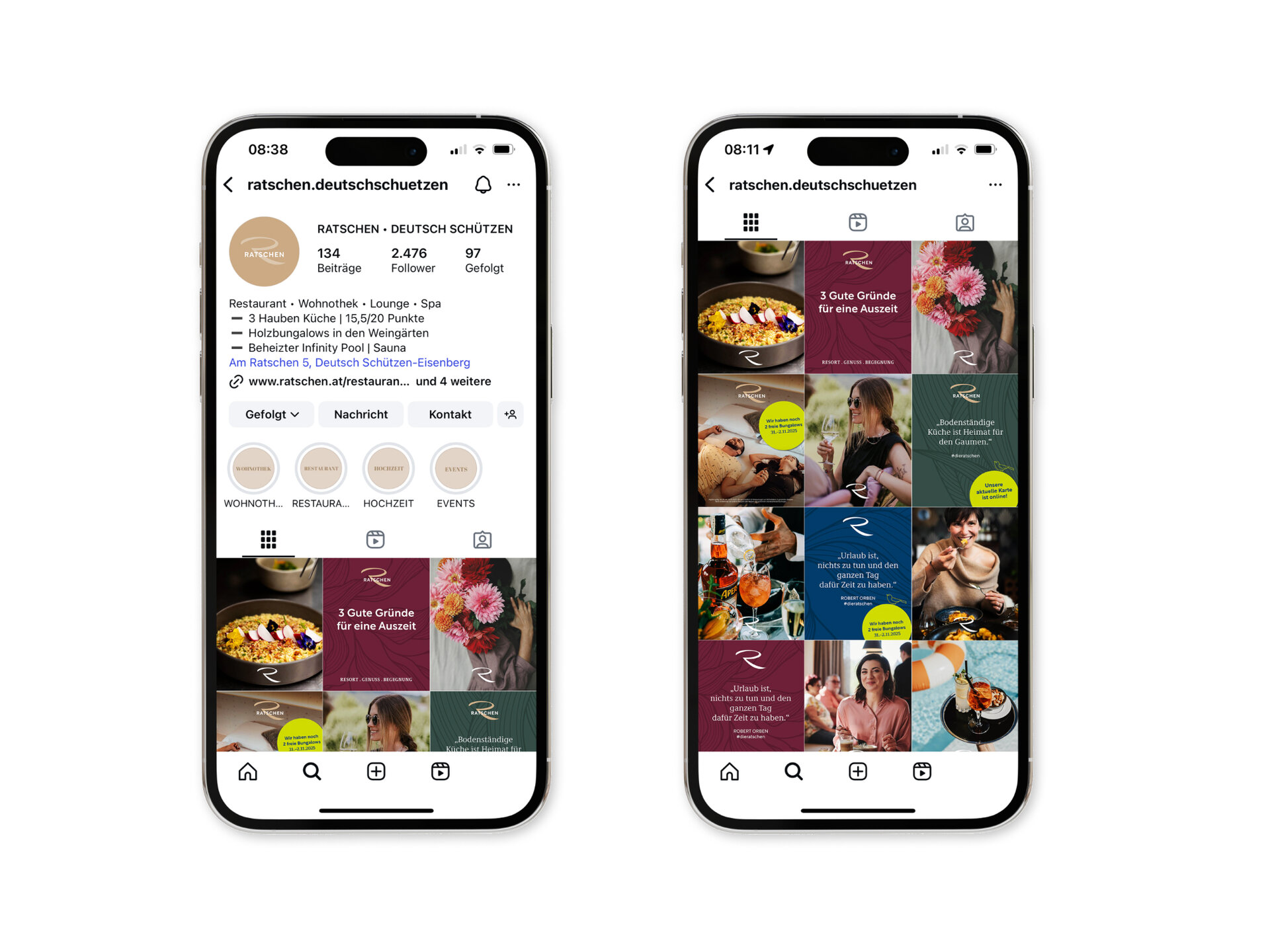 Zwei Smartphones zeigen den Instagram-Account von „ratschen.deutschschuetzen“. Links sieht man das Profil mit Logo, Beschreibung und Highlights. Rechts ist der Feed zu sehen: eine bunte Mischung aus Essen, Drinks, Menschen beim Genießen und Beiträgen mit Ratschen-Grafiken.