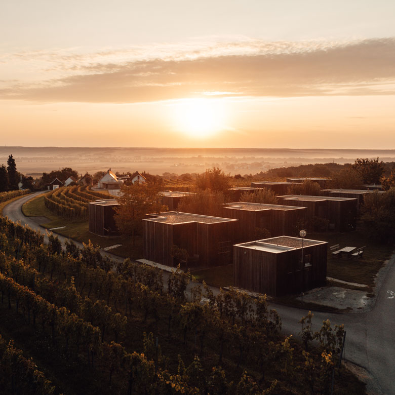 Ein Sonnenaufgang über den Ratschen im Südburgenland. Im Vordergrund stehen moderne, würfelförmige Holz-Bungalows zwischen Weinreben. Warmes Morgenlicht liegt über der Landschaft und den Hügeln im Hintergrund.