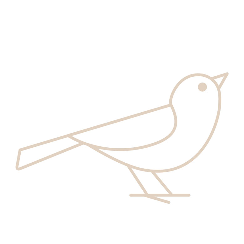 Eine einfache, hellbeige gezeichnete Linie zeigt einen kleinen Vogel mit rundem Körper, dünnen Beinen und einem Punkt als Auge auf weißem Hintergrund.